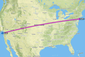 The great circle route is evident